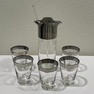 VINTAGE MID CENTURY MODERN Cocktail Set - 7 Piece Silver Rim Glass - 1950-1960s